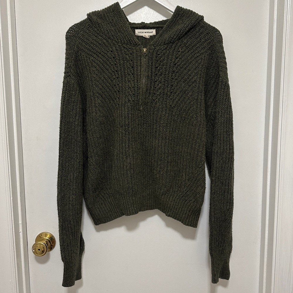 Lucky Brand Hooded Sweater Long Sleeve Quarter Zip Pullover Green Womens Size XL